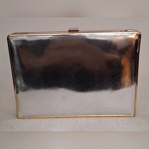SILVER WITH GOLD TRIM EVENING CLUTCH WITH GOLD CLASP,  VEGAN LEATHER